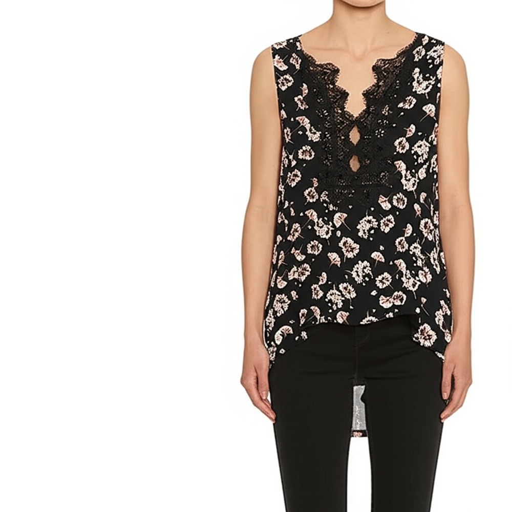 WHITE HOUSE BLACK MARKET Womens XS Black Floral Blouse Lace V-Neck Chic